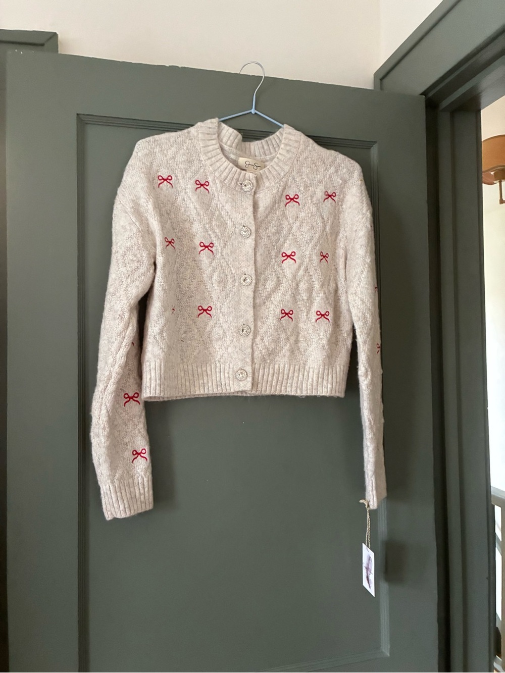 Jessica Simpson Cream Knit Cardigan with Red Bow Embroidery